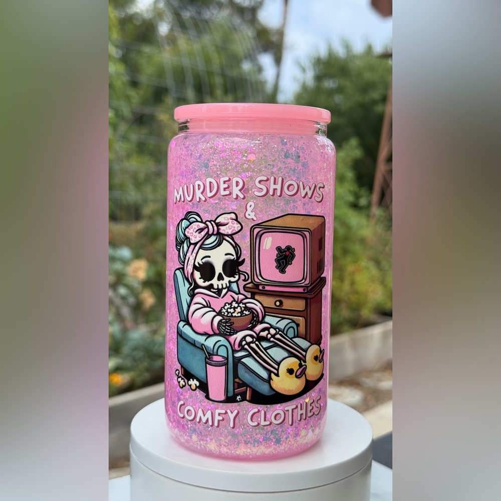 Murder Shows and Comfy Clothes Snow globe glass can tumbler 16oz